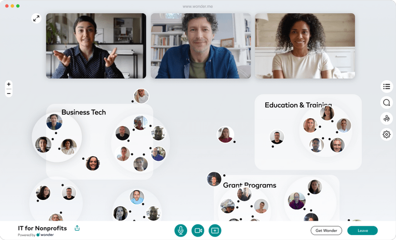 Screen shot of Wonder, with video chat across the top and discussion circles below.