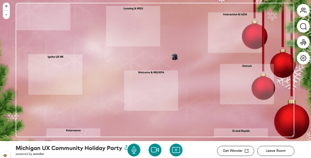 A screenshot of the Wonder room for the party, showing different themed areas.